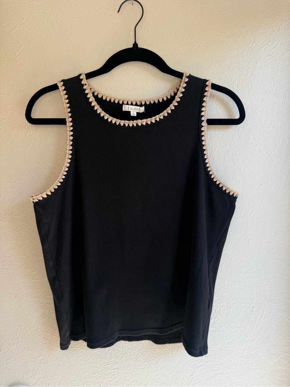 Z Supply Black Ribbed Tank with Cream Crochet Trim Detailing